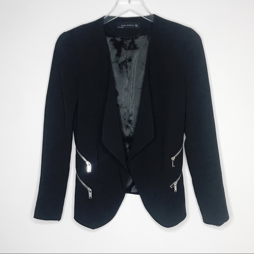 Zara Black Waterfall Draped Zipper Detail Blazer S